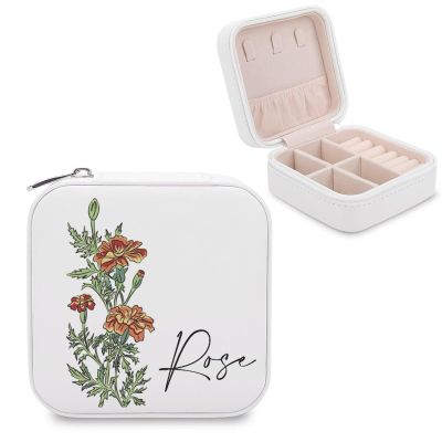 Personalized Bridesmaids Gifts, Custom Jewelry Box w/Name & Birth Flower, Birth Flower Travel Jewelry Case, Small Portable Jewelry Box with Zipper, Customized Jewelry Organizer Box