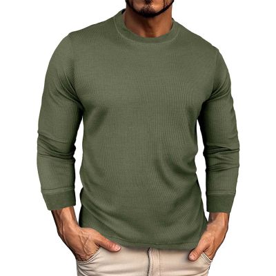 Mens Long Sleeve Waffle Knit Casual T-Shirt Crewneck Slim Fit Cozy Thermal Golf Work Tee Shirt Workout Athletic Fishing Hiking Sports Gym Sweat Shirt Tops Green