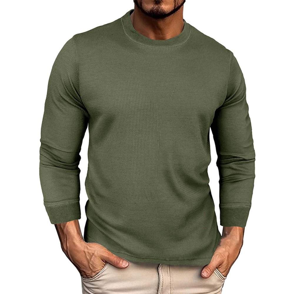 Mens Long Sleeve Waffle Knit Casual T-Shirt Crewneck Slim Fit Cozy Thermal Golf Work Tee Shirt Workout Athletic Fishing Hiking Sports Gym Sweat Shirt Tops Green