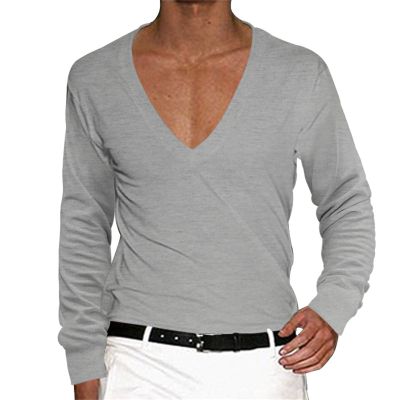 Deep V Neck Shirts for Men Long Sleeve Stretch T Shirt Low Cut Undershirts Muscle Athletic Workout Tees Pullover Tops Gray