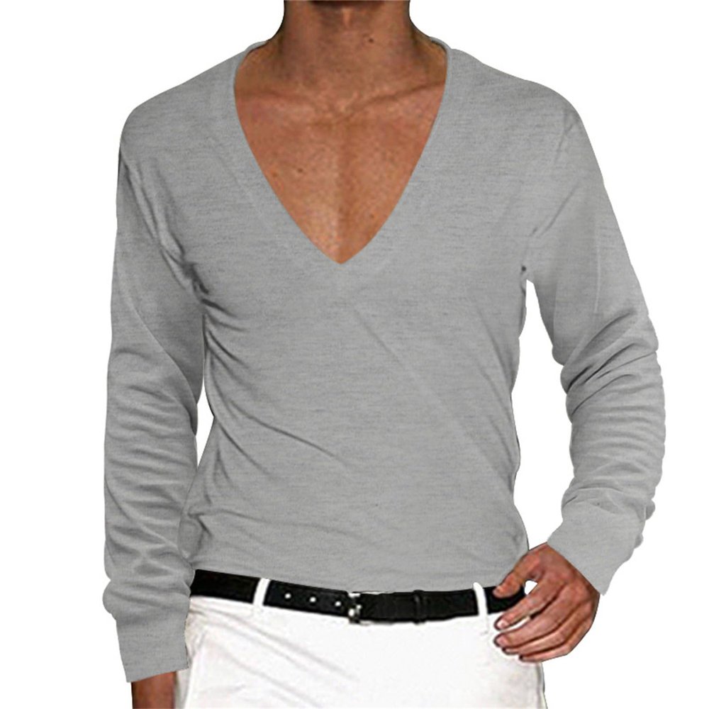 Deep V Neck Shirts for Men Long Sleeve Stretch T Shirt Low Cut Undershirts Muscle Athletic Workout Tees Pullover Tops Gray