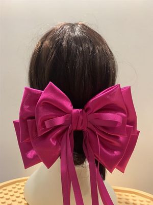 Satin Oversize Bow Hairpins For Girl Black Fashion Hair Clip Women Vintage Bowknot Multilayer Webbing Spring Clip Ornaments (Color : Rose red)
