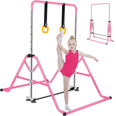 FCOUMY Gymnastics Horizontal Bar, Junior Training Kip Bar Gymnastics Equipment for Home, Adjustable Telescopic Height Folding Horizontal Bar with Gymnastic Rings for 3-12 Years Old Kids