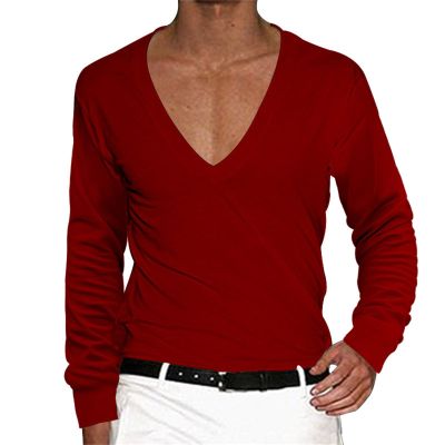 Deep V Neck Shirts for Men Long Sleeve Stretch T Shirt Low Cut Undershirts Muscle Athletic Workout Tees Pullover Tops Red