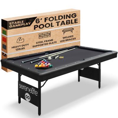 SereneLife 6-Ft Folding Pool Table - Portable Billiard Table - Includes 2X Cue Sticks, Full Set of Balls, Chalk, Brush - Foldable Pool Table for Kids and Adults (Black)