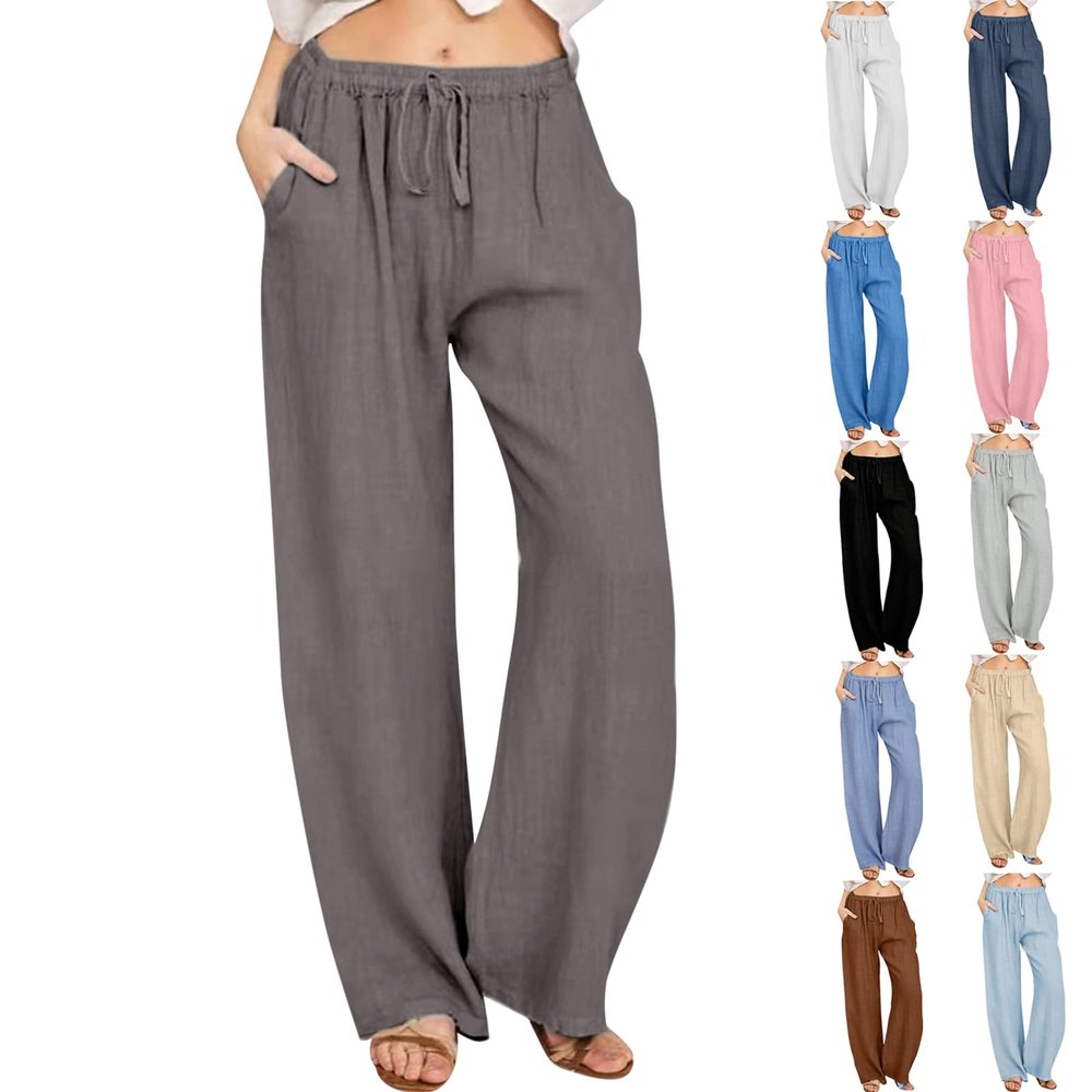 SMIDOW Capri Pants for Women Casual 2023 Summer Drawstring Elastic High Waist Linen Pant Straight Wide Leg Cropped Trouser Plus Size Work Pants Dark Gray 3X