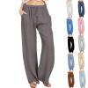 SMIDOW Capri Pants for Women Casual 2023 Summer Drawstring Elastic High Waist Linen Pant Straight Wide Leg Cropped Trouser Plus Size Work Pants Dark Gray 3X view 1