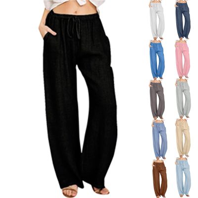 SMIDOW Capri Pants for Women Casual 2023 Summer Drawstring Elastic High Waist Linen Pant Straight Wide Leg Cropped Trouser Flowy Pants for Women Black 3X