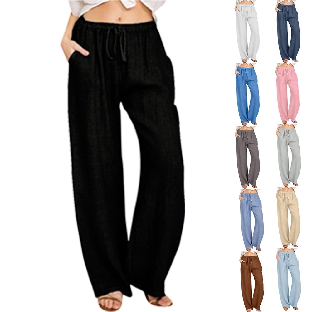 SMIDOW Capri Pants for Women Casual 2023 Summer Drawstring Elastic High Waist Linen Pant Straight Wide Leg Cropped Trouser Flowy Pants for Women Black 3X