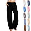 SMIDOW Capri Pants for Women Casual 2023 Summer Drawstring Elastic High Waist Linen Pant Straight Wide Leg Cropped Trouser Flowy Pants for Women Black 3X view 1