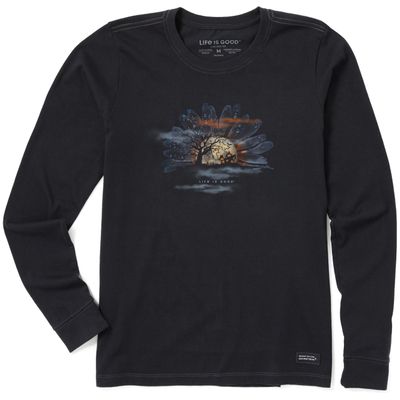 Life is Good. Women's Spooky Daisy Moon Long Sleeve Crusher Tee, Jet Black, Small