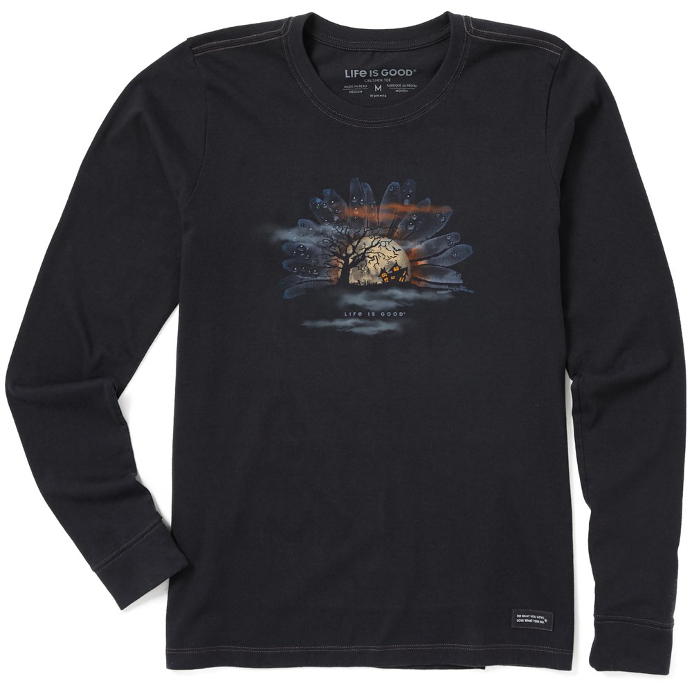 Life is Good. Women's Spooky Daisy Moon Long Sleeve Crusher Tee, Jet Black, Small