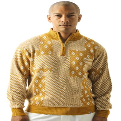 Stacy Adams Mens Sweater Jacquard Flourish Tonal Design (Medium, Mustard)