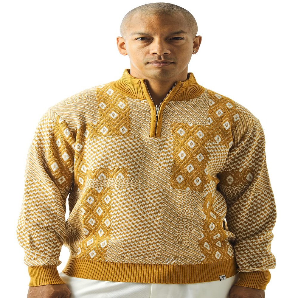Stacy Adams Mens Sweater Jacquard Flourish Tonal Design (Medium, Mustard)
