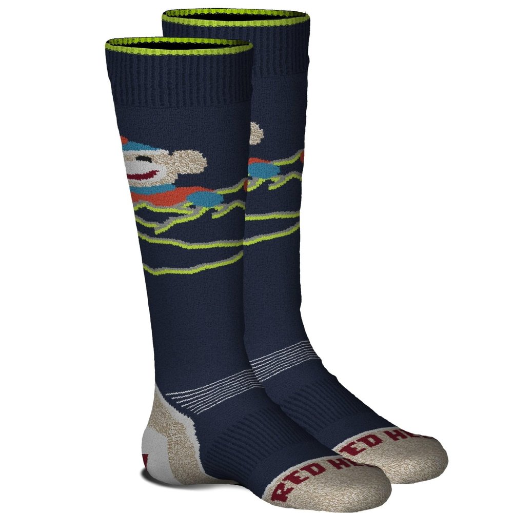 FOX RIVER Kids Ski Socks - Over the Calf Monkey Fun for Little Skiers | Lightweight, Durable, Merino Wool Blend, Navy, Large
