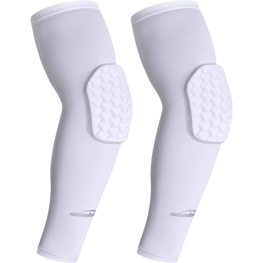 COOLOMG compression arm sleeves with elbow pad for volleyball basketball football white S