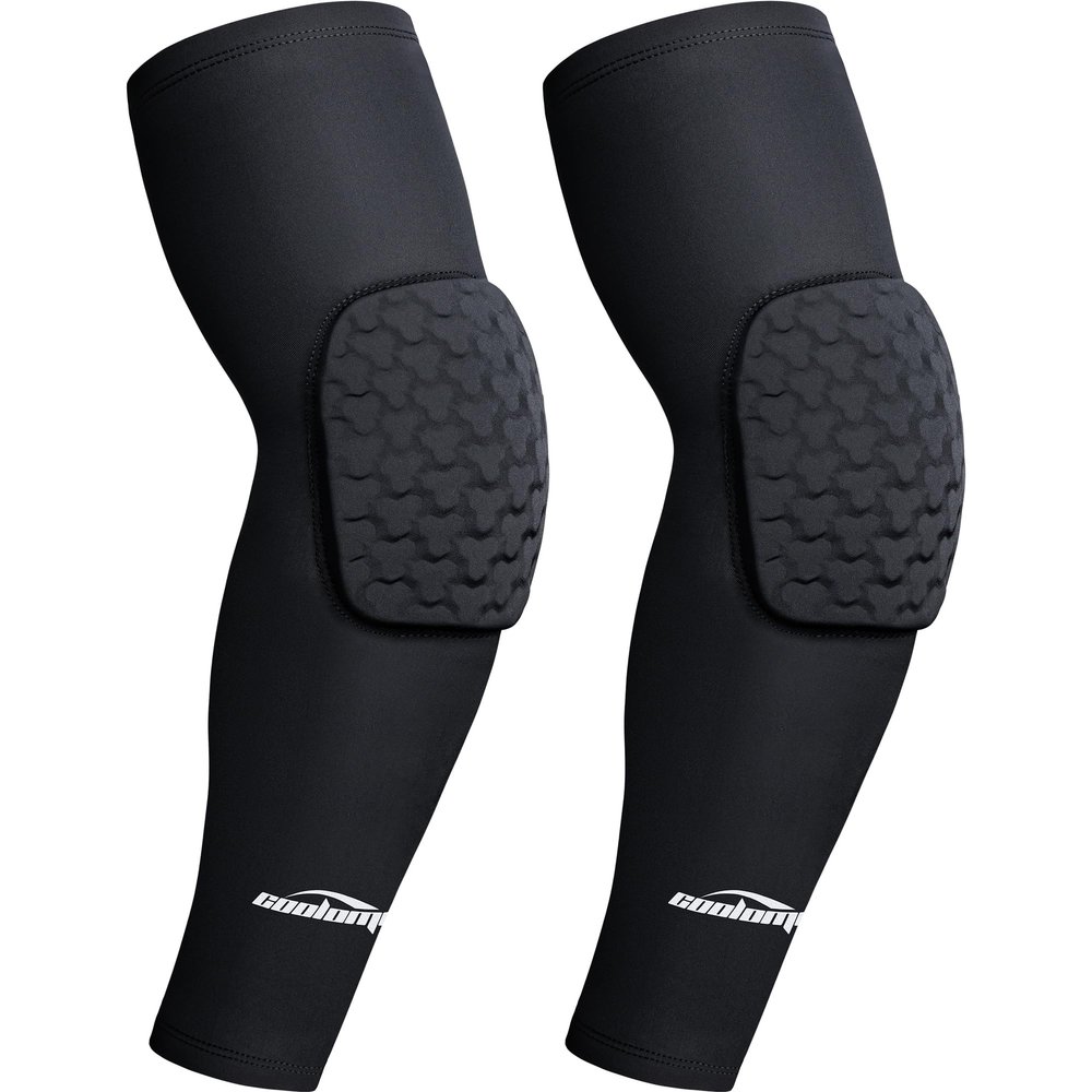 COOLOMG compression arm sleeves with elbow pad for volleyball basketball football black L