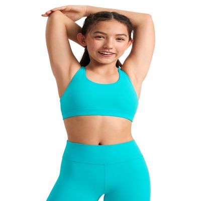 CRZ YOGA Girls Butterluxe Cross Back Sports Bra - Yoga Athletic Casual Tops Scoop Neck Padded Crop Kids Teen Spectral Blue Medium