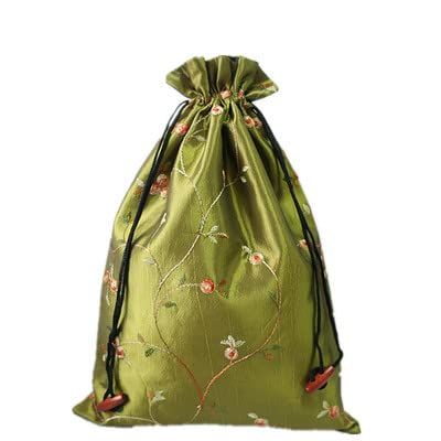 Embroidery Fruit Travel Shoes Storage Pouch Drawstring Women Satin Fabric Shoe Dust Bags Reusable Protects Covers with lined (green, 10.6 x 14 inch about, 2 Pcs)