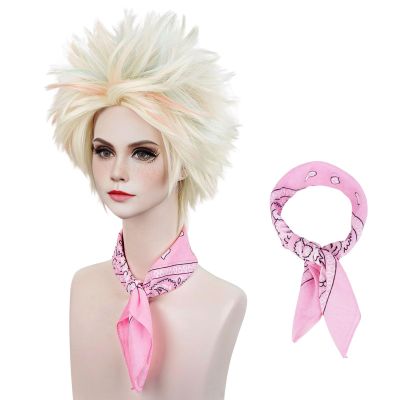 Aicos Short Blonde mix Light Blue Pink Cosplay Wig for Women Costume Halloween Party Fluffy Spiky Weird Colored Movie Wigs with Bandana+Wig Cap