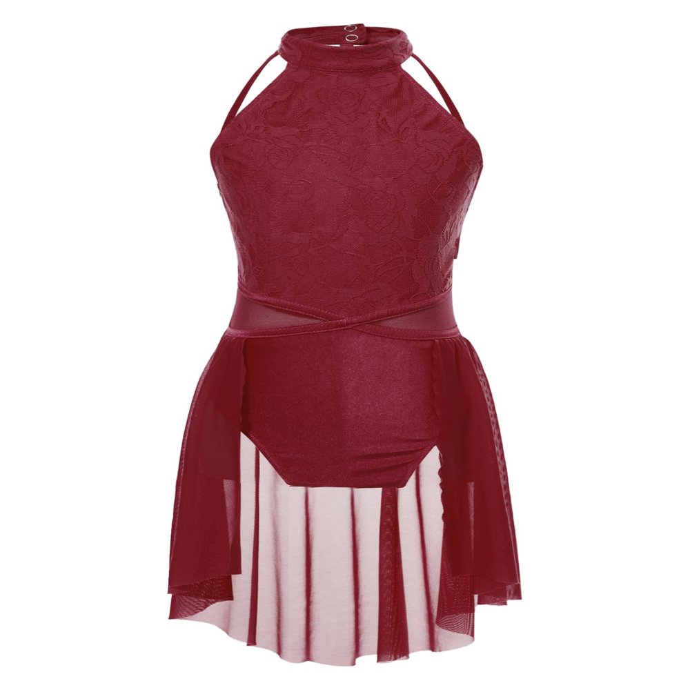 winying Kids Girls Lyrical Ballet Dance Dress Sleeveless Lace Floral Leotard Dress Contemporary Modern Dancing Costume Burgundy 10 Years