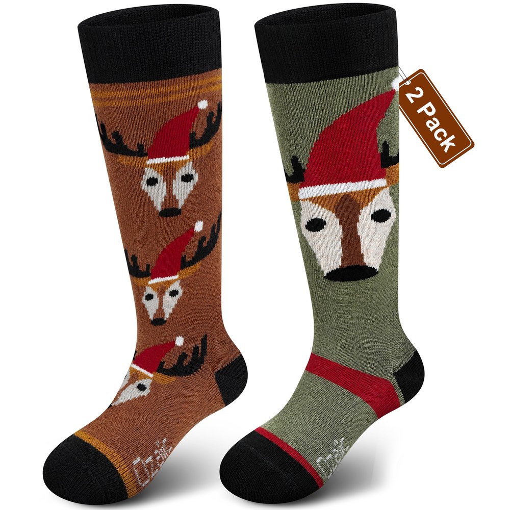 Ozaiic Merino Wool Ski Socks Kids 2 Pairs, Winter Warm Knee High Snowboarding Thermal Skating Socks for Boys Girls Toddlers