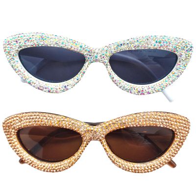 willochra 2pcs Trendy Sparkling Diamond Sunglasses Female Rhinestone Cat Eye Sun Glasses Diamond Party jewel Shades for Women (2pcs-brown&white)