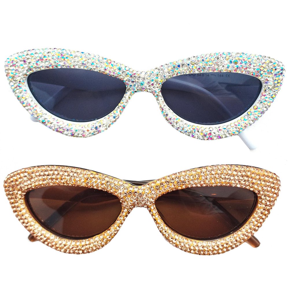 willochra 2pcs Trendy Sparkling Diamond Sunglasses Female Rhinestone Cat Eye Sun Glasses Diamond Party jewel Shades for Women (2pcs-brown&white)
