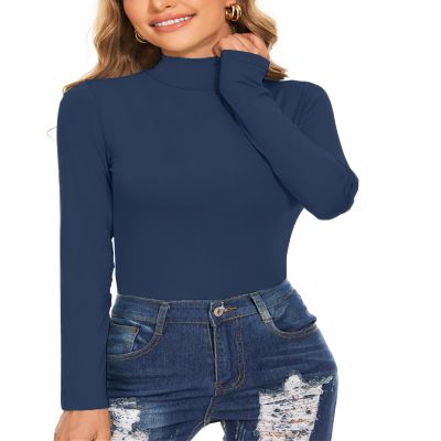 Ladies Long Sleeve Mock Turtleneck Tops Soft Fitted Underscrub Thermal Snug Shirts Navy Blue X-Large