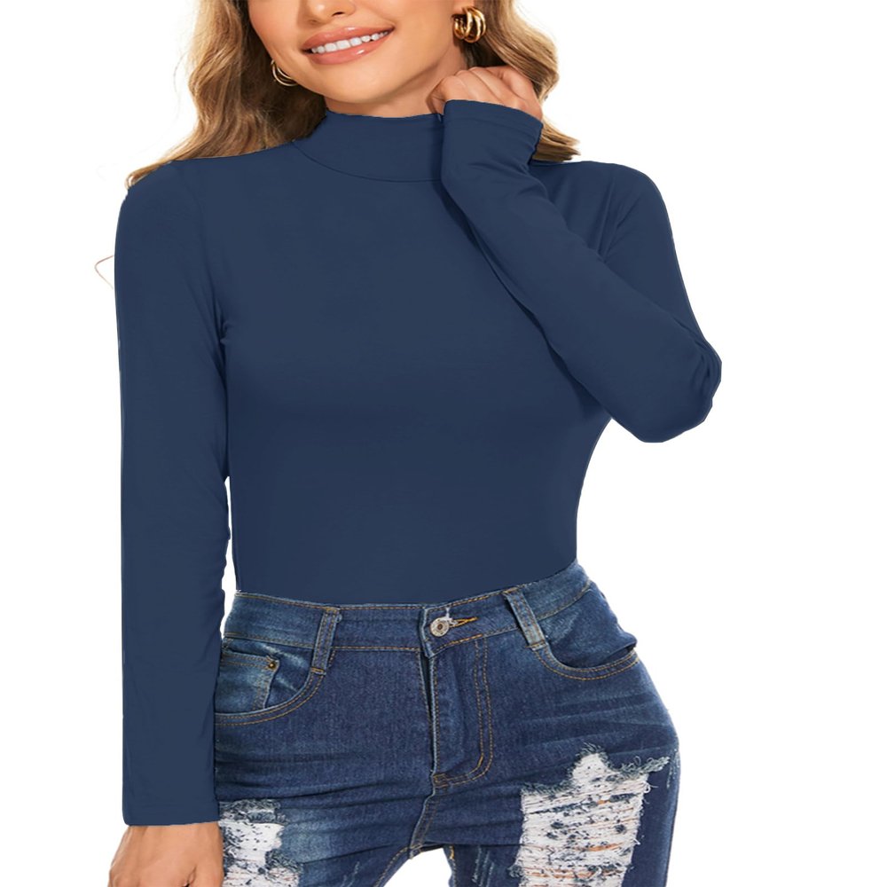 Ladies Long Sleeve Mock Turtleneck Tops Soft Fitted Underscrub Thermal Snug Shirts Navy Blue X-Large
