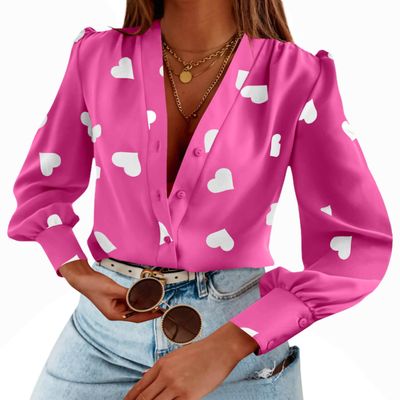 Flowyair Women's V Neck Shirts Button Down Long Sleeve Heart Print Casual Work Blouses