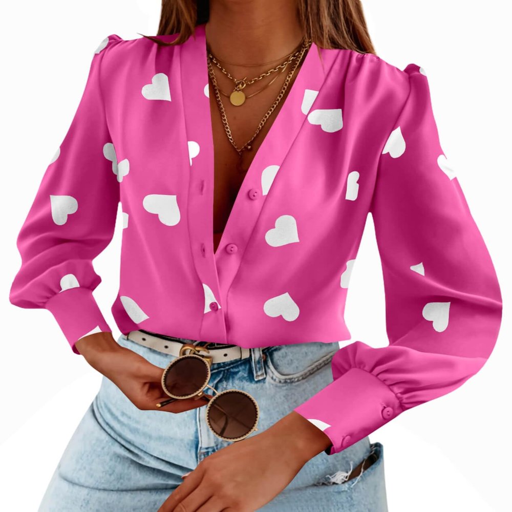 Flowyair Women's V Neck Shirts Button Down Long Sleeve Heart Print Casual Work Blouses