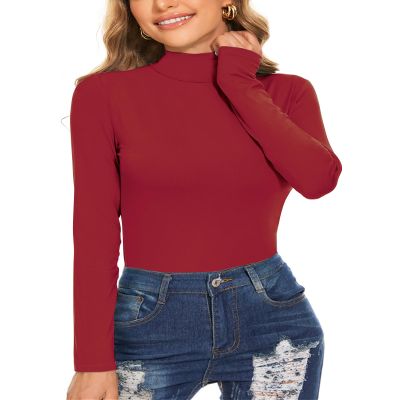 Ladies Long Sleeve Mock Turtleneck Tops Soft Fitted Underscrub Thermal Snug Shirts Red X-Large