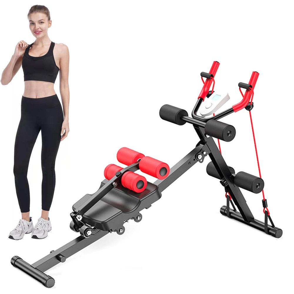 RIEJIN Height Adjustable Ab Trainer Abdominal Whole Body Workout Machine Waist Cruncher Core Toner Leg Thighs Buttocks Shaper with LCD Monitor