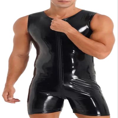 Panegy Men's Faux Leather Jumpsuit PU Bodysuit Sleeveless Zip Up Shiny Catsuit Striped Onesie Wetlook Romper Overall for Party Club Rave Holiday