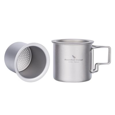 iBasingo 220ml Titanium Cup with Strainer Camping Mug with Lid Foldable Handle Single-walled Lightweight Portable for Outdoor Drinking Drinkware US-Ti3057D