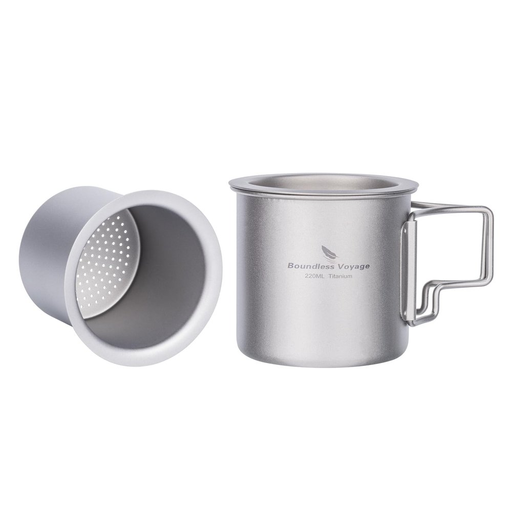 iBasingo 220ml Titanium Cup with Strainer Camping Mug with Lid Foldable Handle Single-walled Lightweight Portable for Outdoor Drinking Drinkware US-Ti3057D