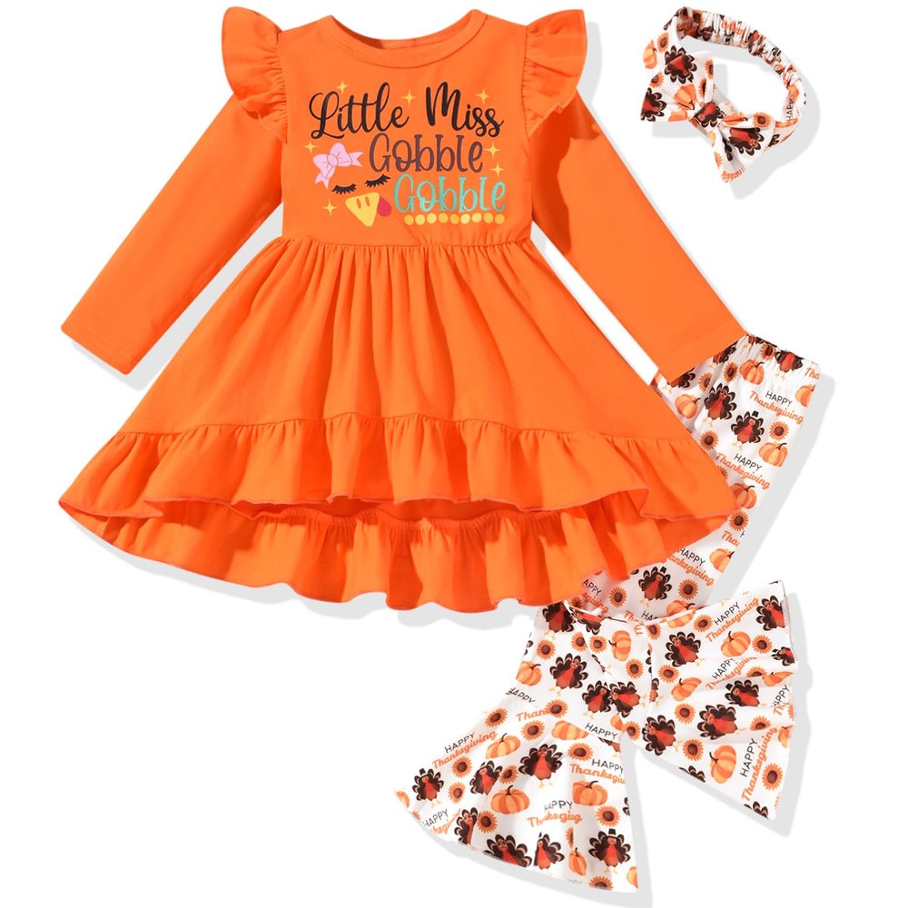 HINTINA 4T Toddler little Girl Thanksgiving Bell Bottoms Outfits Ruffle Long Sleeve Tunic Turkey Flared Pants Fall Winter Boutique Clothes Set 4-5T