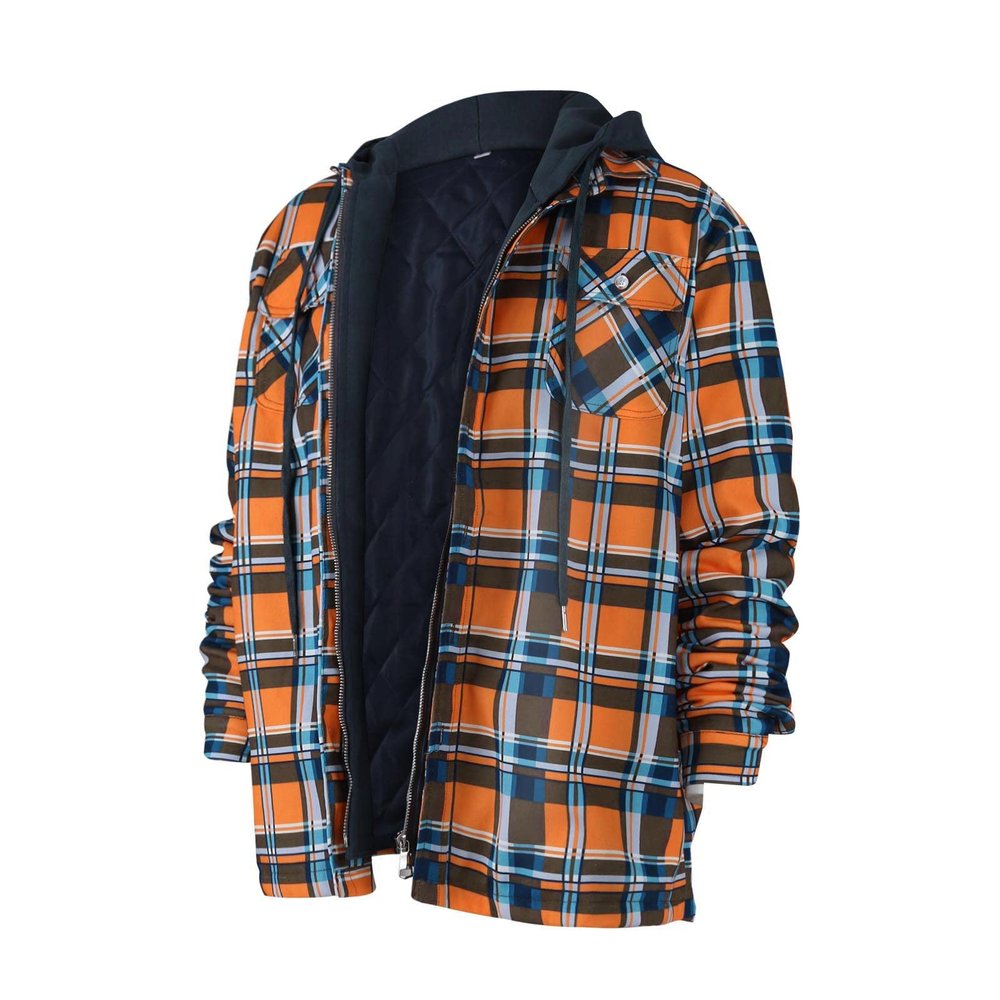 Ymosrh Shirts for Men, Mens Hooded Shirt Jacket Plaid Quilted Lined Long Sleeve Fall Winter Coat Shirt Hoodie Men Button Up Shirt Black Slim Fit Dress Shirt Dress Shirts Casual (5XL, Orange)