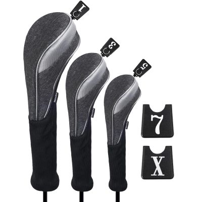 Andux 3pcs/Set Nylon Golf Wood Club Head Covers 460cc Driver Covers with Long Neck Grey