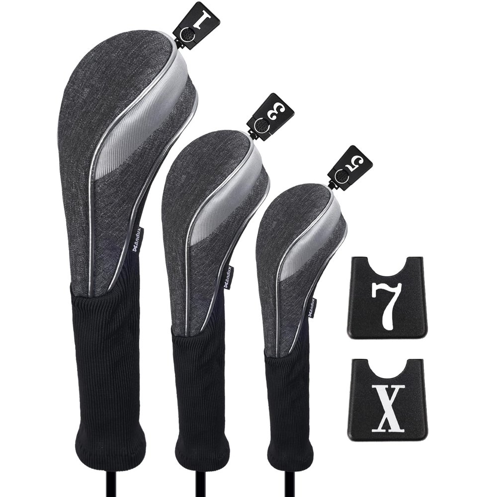 Andux 3pcs/Set Nylon Golf Wood Club Head Covers 460cc Driver Covers with Long Neck Grey