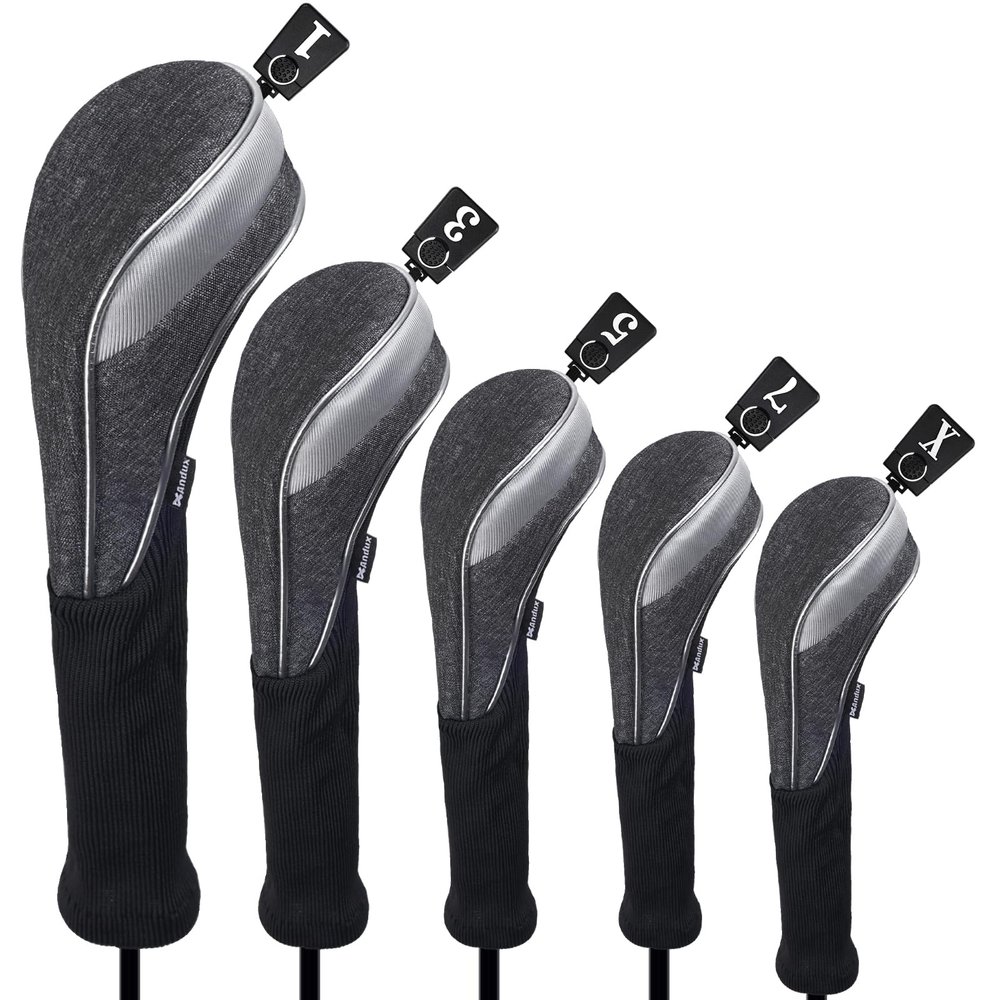 Andux 5pcs/Set Nylon Golf Wood Club Head Covers 460cc Driver Covers with Long Neck Grey