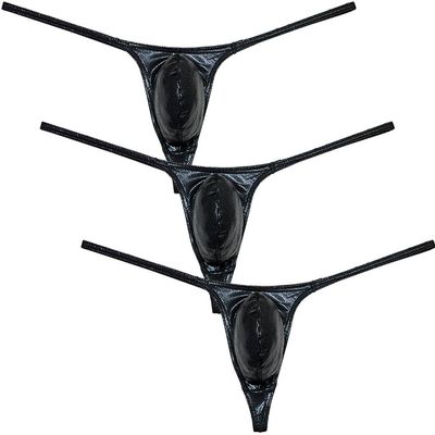 Botmois Men's Shiny Metallic G-string Thong Underwear Male Contour Pouch Bikini Tangas Underpants Soft & Stretchy Swim T-back 3-Pack(Shiny Black) L