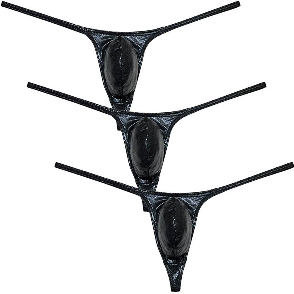 Botmois Men's Shiny Metallic G-string Thong Underwear Male Contour Pouch Bikini Tangas Underpants Soft & Stretchy Swim T-back 3-Pack(Shiny Black) L