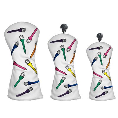 Andux 3pcs/Set Tee Pattern PU Golf Wood Club Head Covers 460cc Driver Covers with Long Neck White