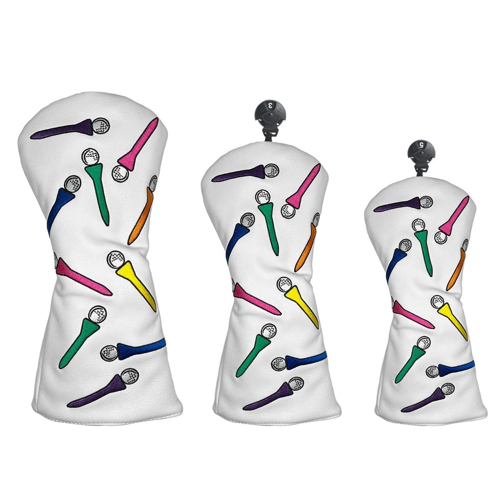 Andux 3pcs/Set Tee Pattern PU Golf Wood Club Head Covers 460cc Driver Covers with Long Neck White