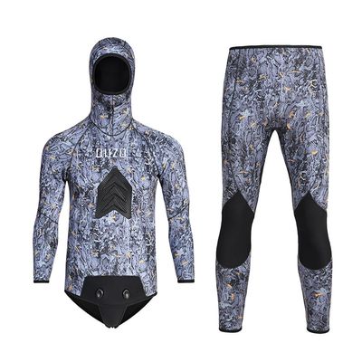 5MM Neoprene Spearfishing Wetsuit with Hooded, 2 Pieces Camouflage Hunting Diving Suit with Loading Chest Pad for Cool Water Freediving Snorkeling Swimming,Silver,S