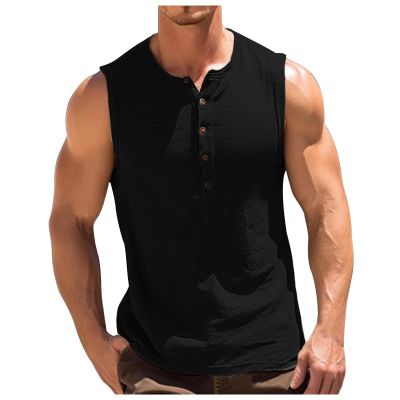 Men's Sleeveless Henley Tank Tops Summer Casual Cotton Regular Fit Button Up T-Shirt Fitness Workout Yoga Beach Muscle Vest Black