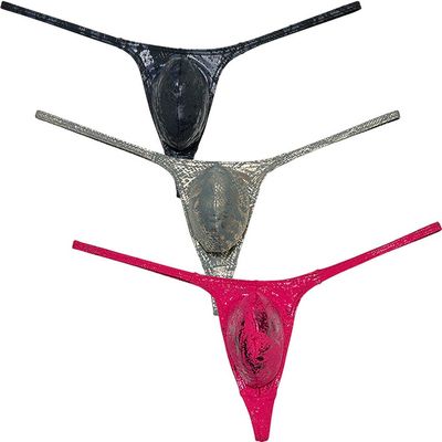 Botmois Men's Shiny Metallic G-string Thong Underwear Male Pouch Bikini Tangas Underpants Soft Stretchy T-back Pack(Python,Army Green w Gold,Light Wine) L