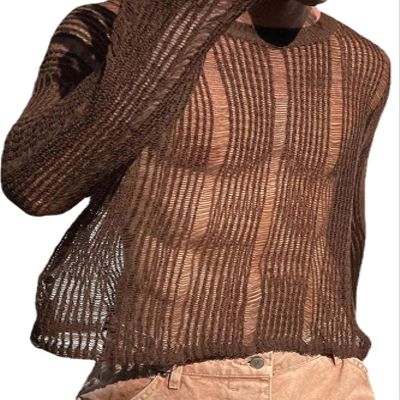 Men's Crochet Disco Sweater Long Sleeve Openwork Knit Top Lightweight Thin Sweaters Pullover Casual Basic Hallow Out Party Club Top